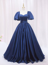 Blue Satin Square Neck Puff Sleeve Pleats Prom Dress